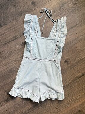 BCBGeneration Light Wash Denim Blue Ruffle Eyelet Romper - Size 6